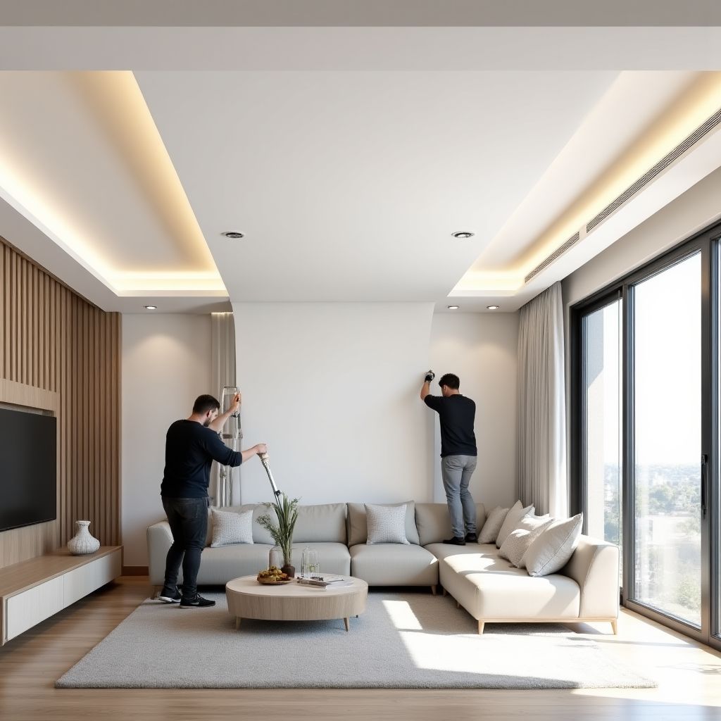 Installation einer Spanndecke in einem modernen Wohnzimmer