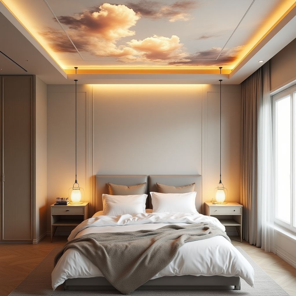 Schlafzimmer mit bedruckter Spanndecke